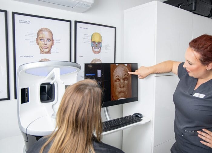 Skin analysis for aesthetic treatment for client